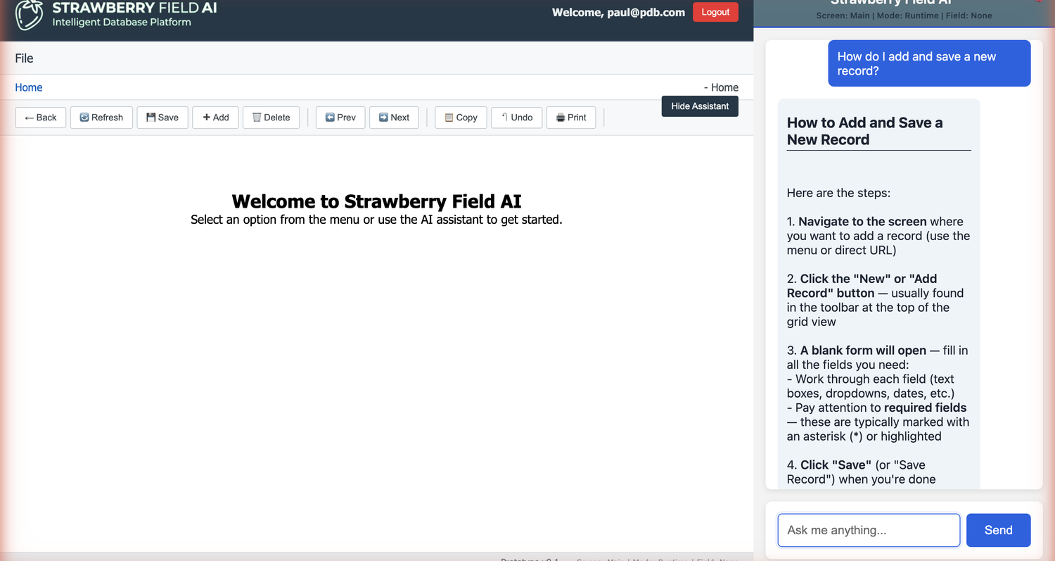 In-app AI assistant answering a user's question with step-by-step guidance inside Strawberry Field AI